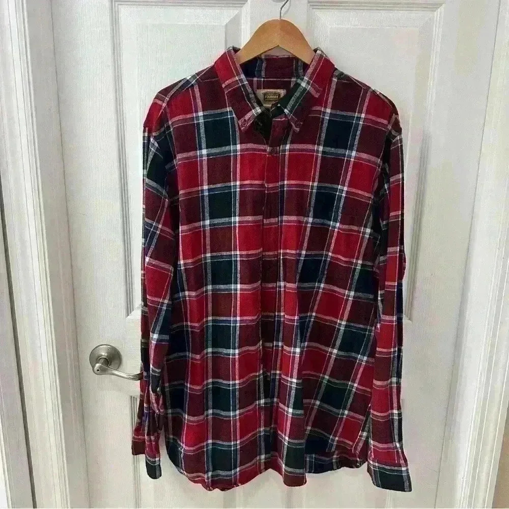 FOUNDRY XLT Flannel Cotton Red and Blue Long Sleeve Button Down Men’s Shirt